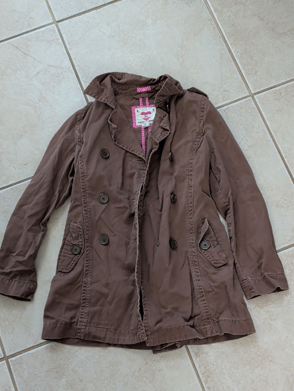 GAP Brown Jacket with Pink Polka- Dot Trim Girls Size 10 Pea Coat